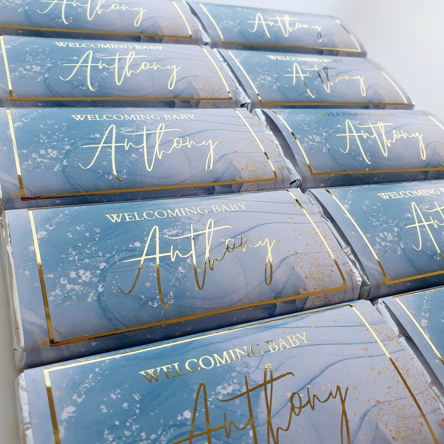 'Welcome Baby' Blue marble with foil | Personalised chocolate bars
