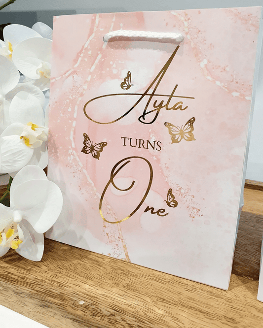 Pink marble with gold butterfly gift bags | White gloss 18 x 21cm