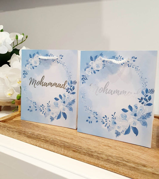 Blue floral gift bags | White gloss 18 x 21 cm