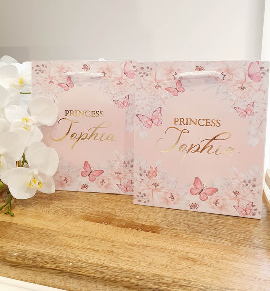 Pink floral with butterfly gift bags | White gloss 18 x 21cm