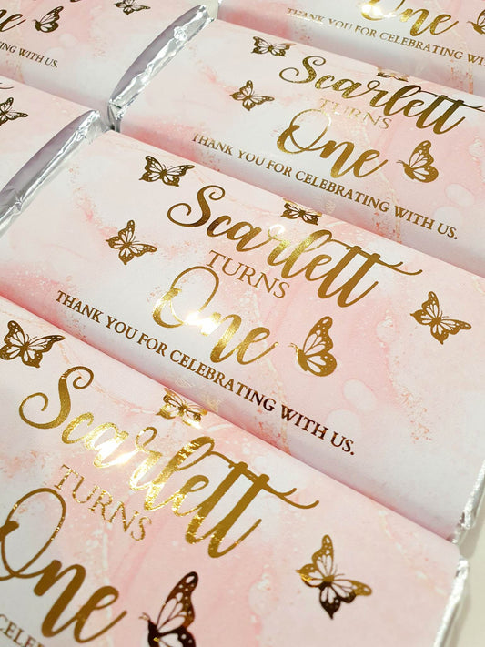 Pink with gold butterfly personalised chocolate bars