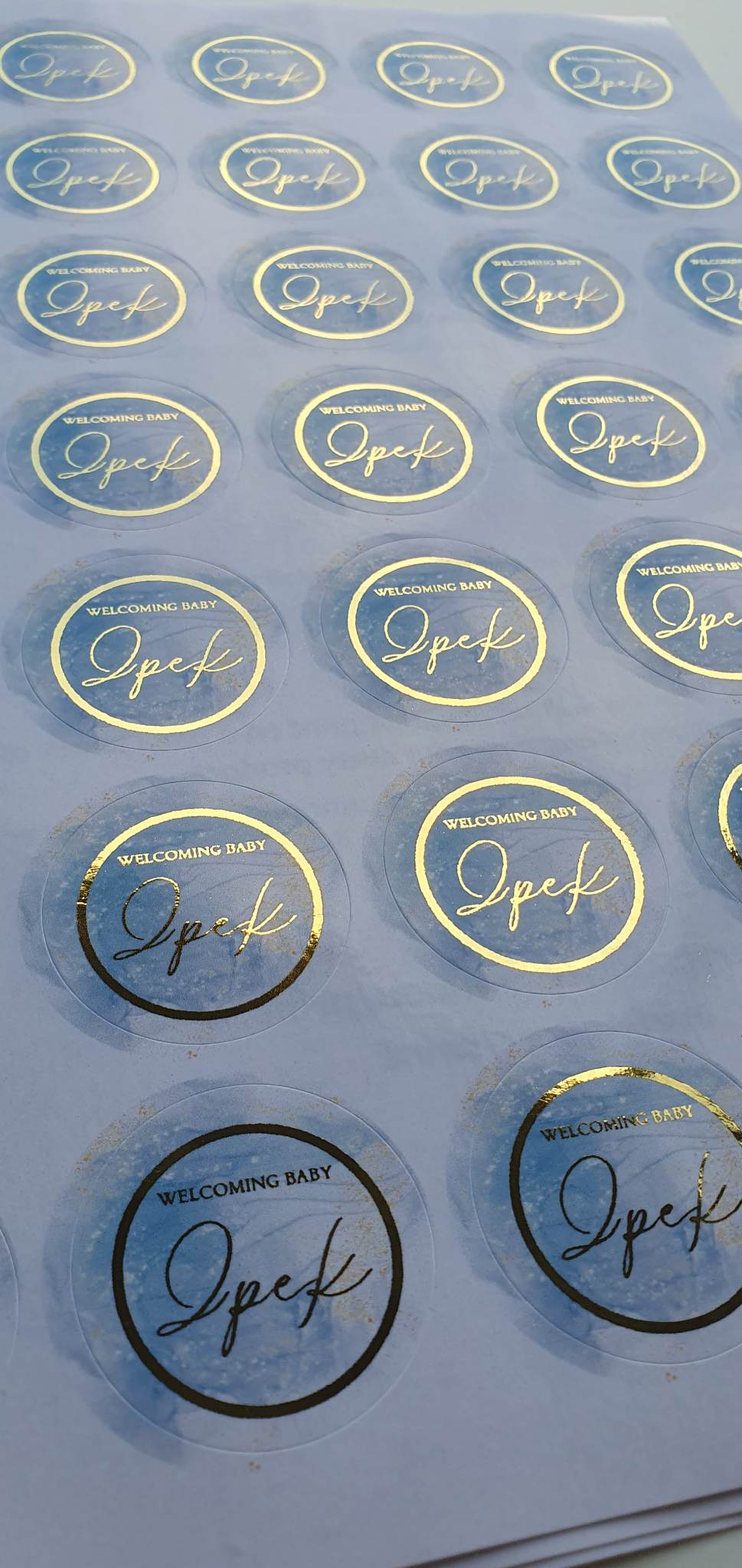 'Welcoming Baby' Round Stickers | Blue & Gold Foil
