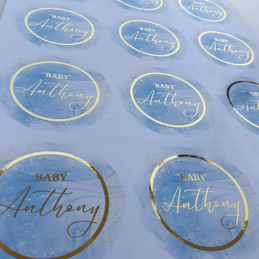 'Welcoming Baby' Round Stickers | Blue & Gold Foil