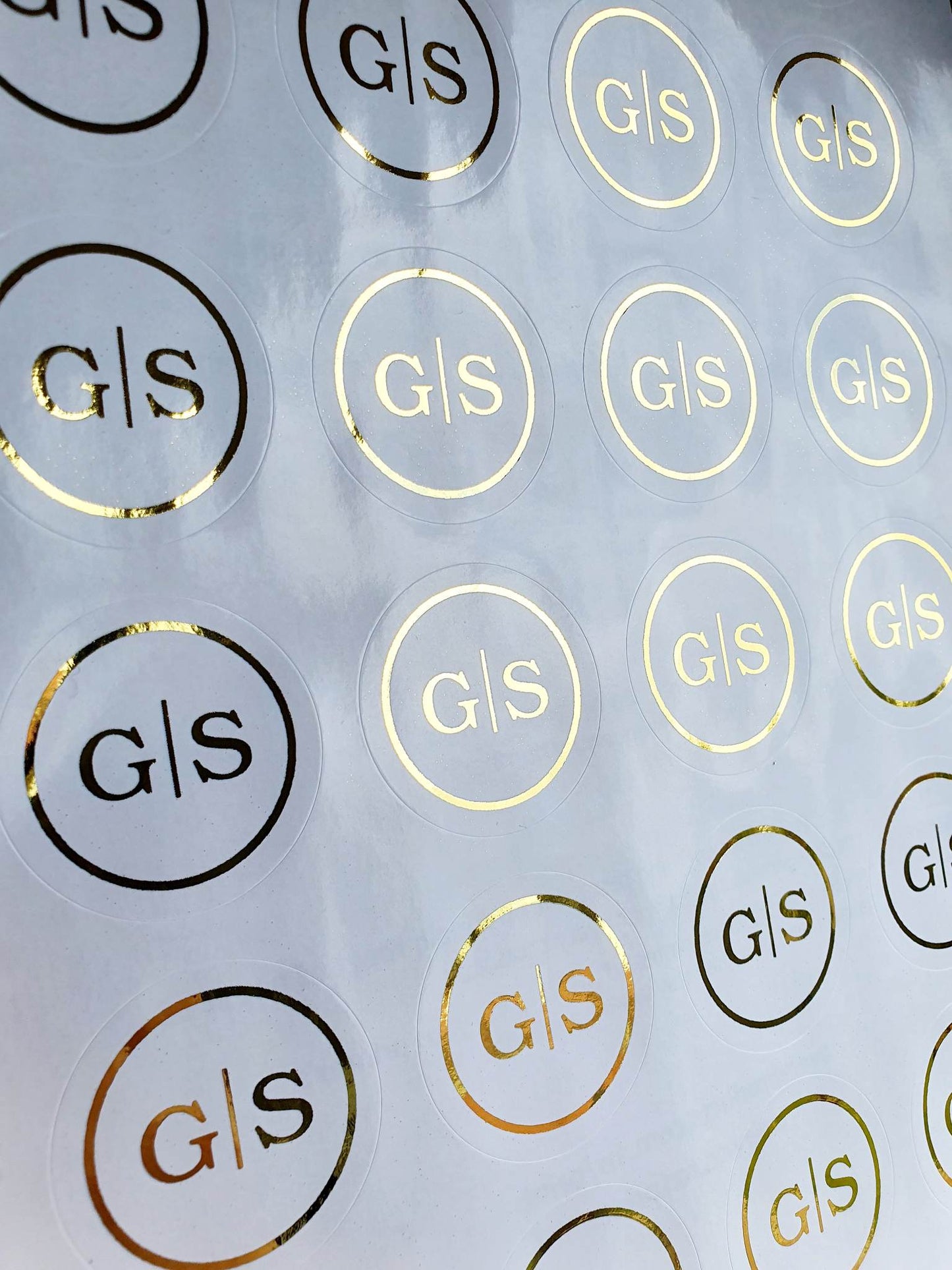 Initial gold foil Round Stickers | White Gloss Clear Transparent
