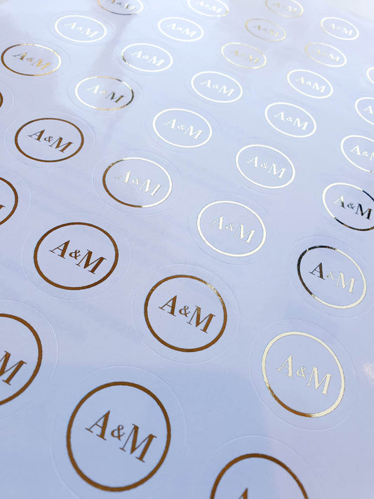 Initial gold foil Round Stickers | White Gloss Clear Transparent