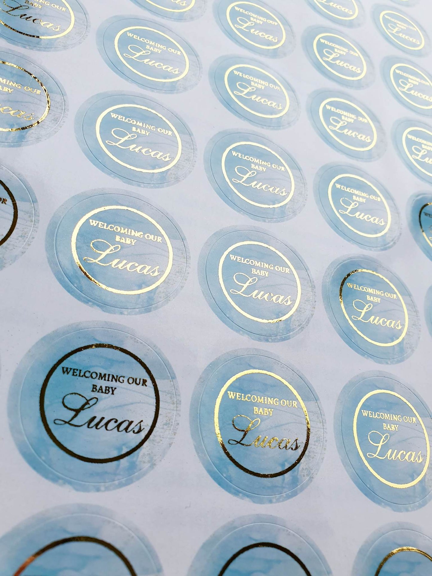 'Welcoming Baby' Round Stickers | Blue & Gold Foil